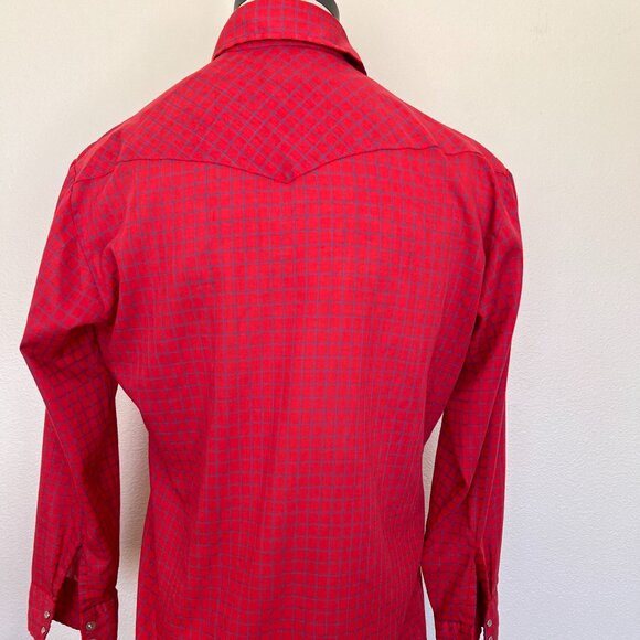 80's Western Wear Shirt - Snap Pearl Buttons Montgomery Wards - Red & Blue Check - Picture 6 of 9